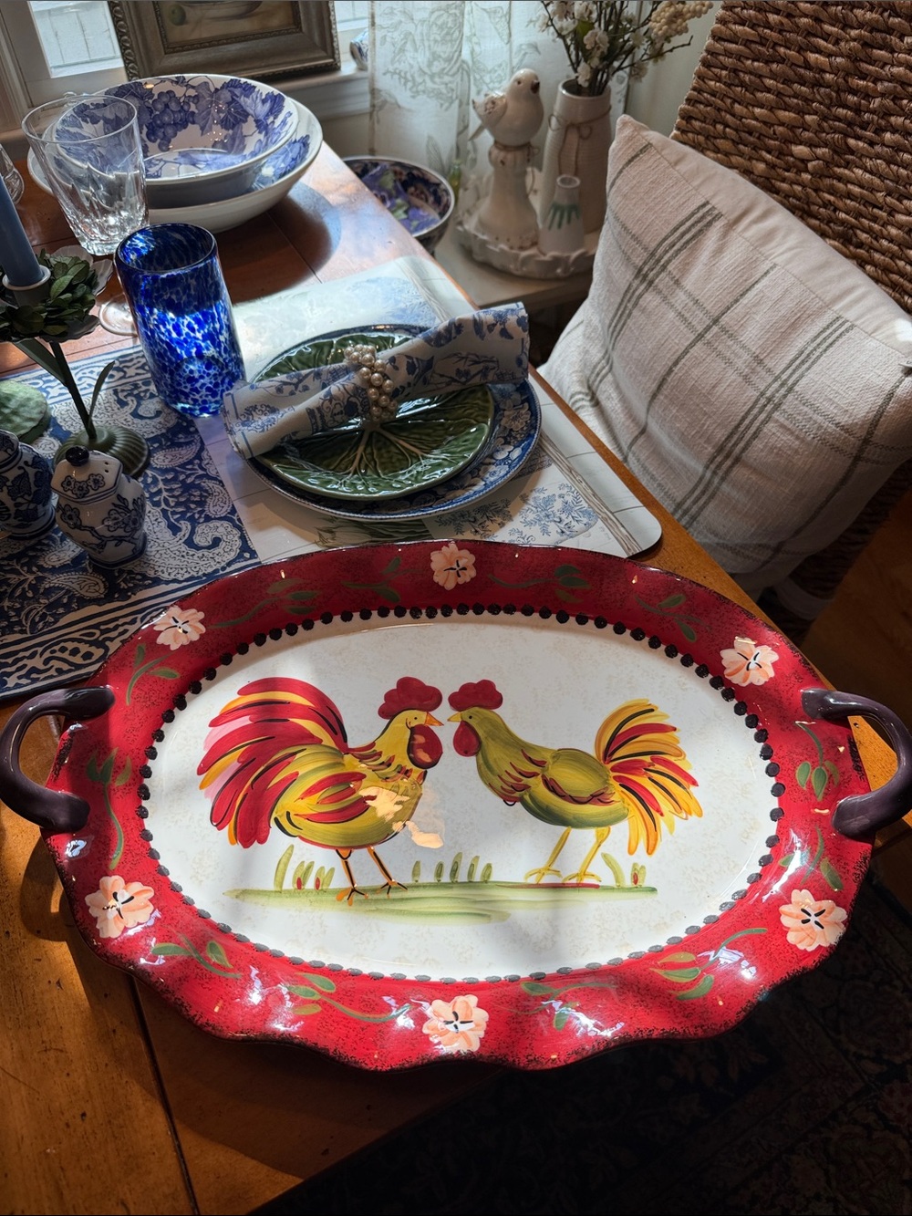 Decorative Red Rooster Serving Tray with Floral Border